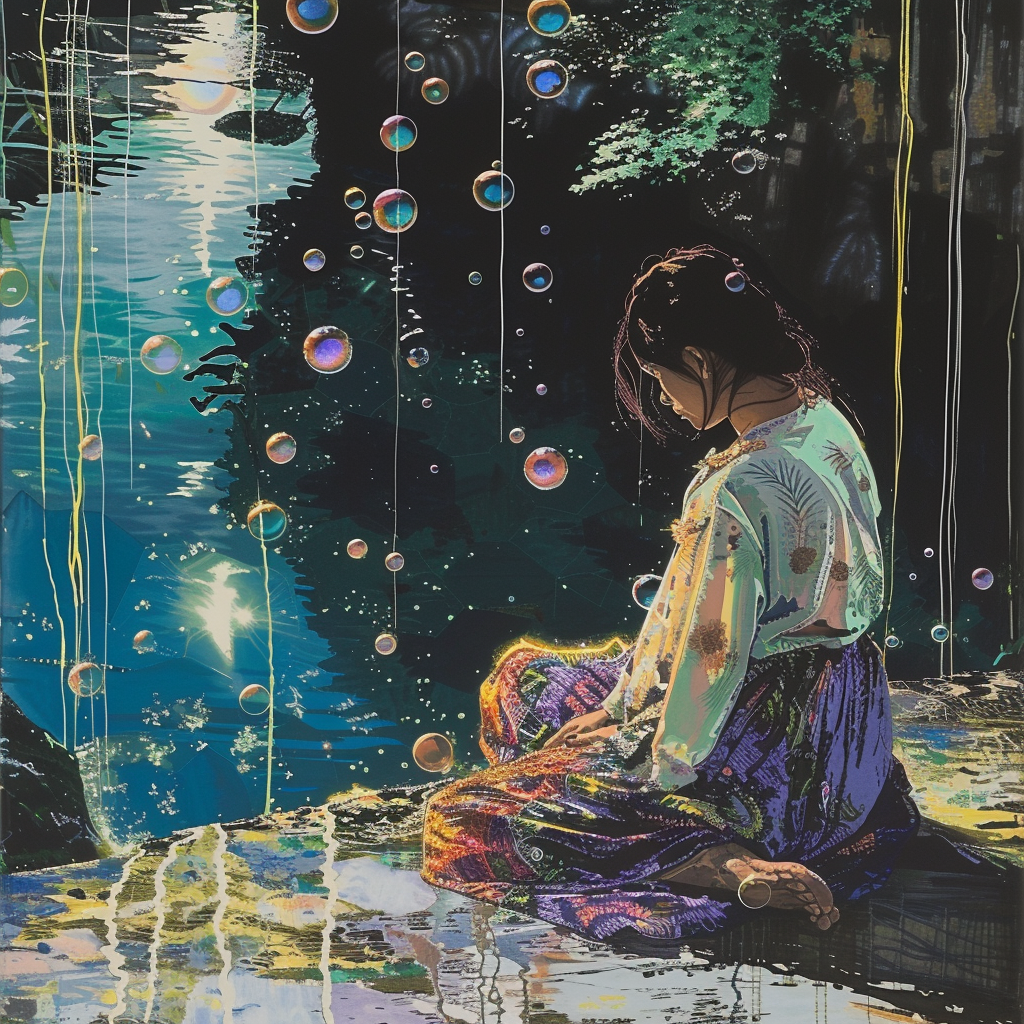 Bubbles drifting towards serene girl