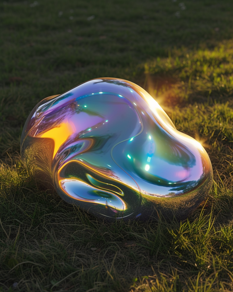 Iridescent metal blob on grass