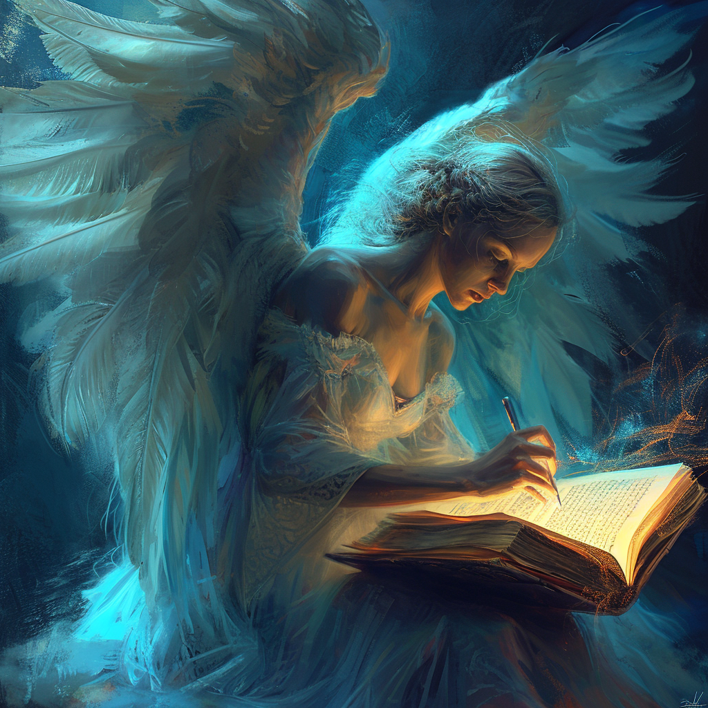 Iridescent angel writing in glowing book