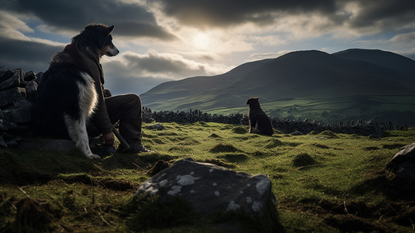 Irish farmer with collie dog and sheep