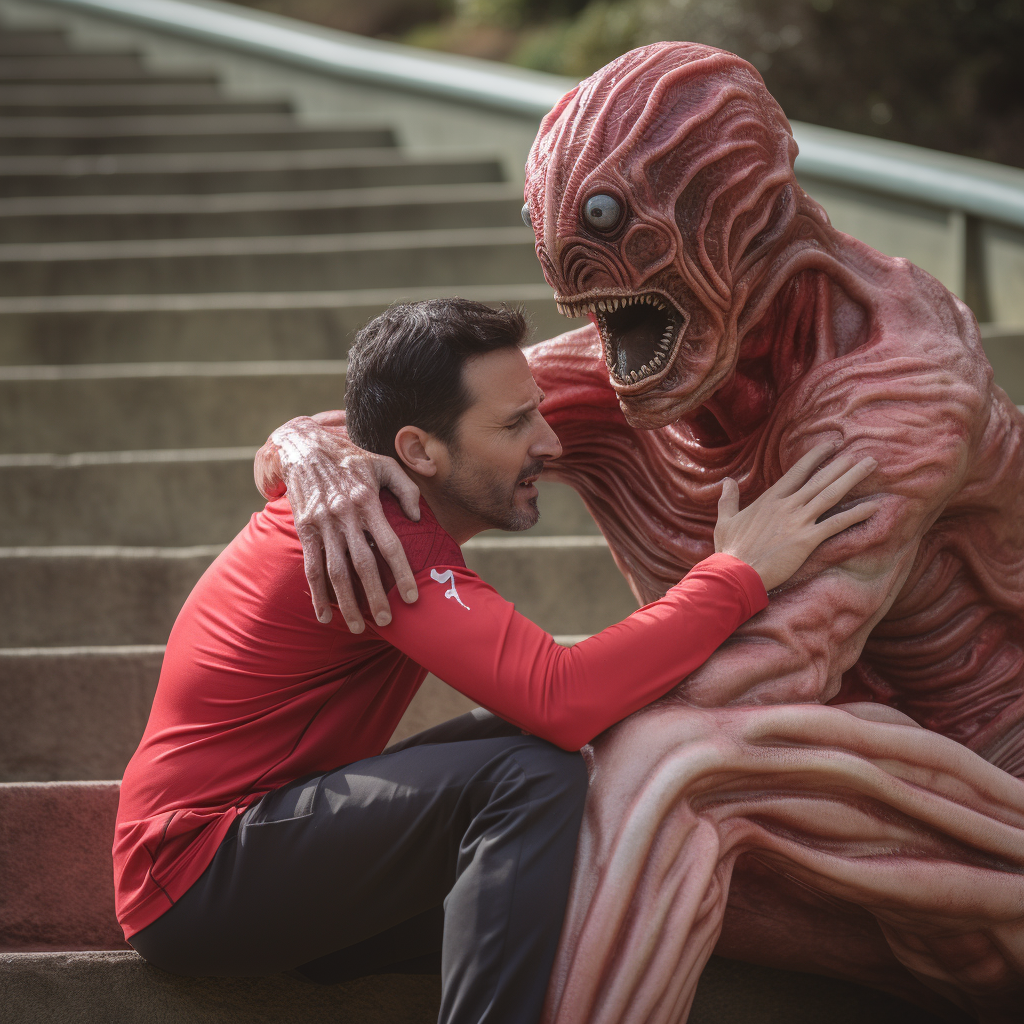 Middle-Aged Irish Man Hugging Crying Alien