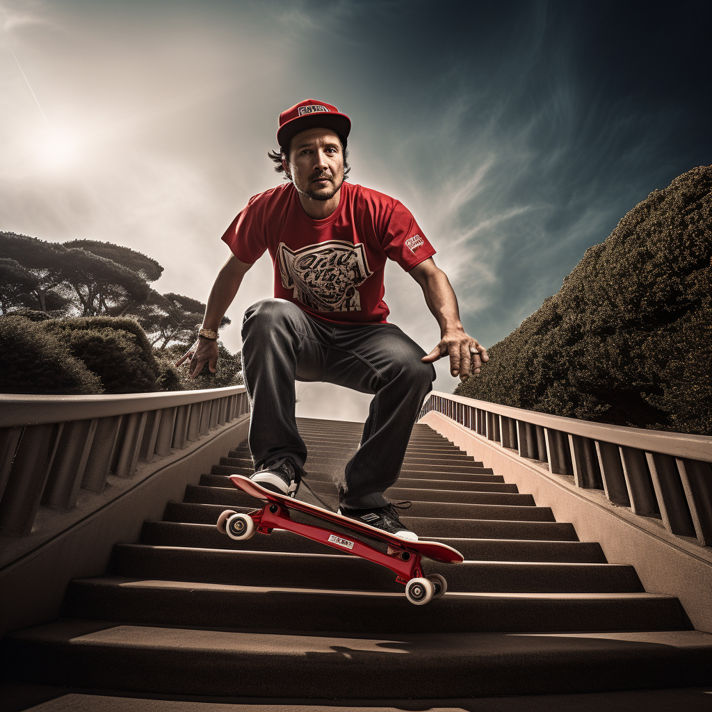 Middle-aged Irish man skateboarding with rocket boosters