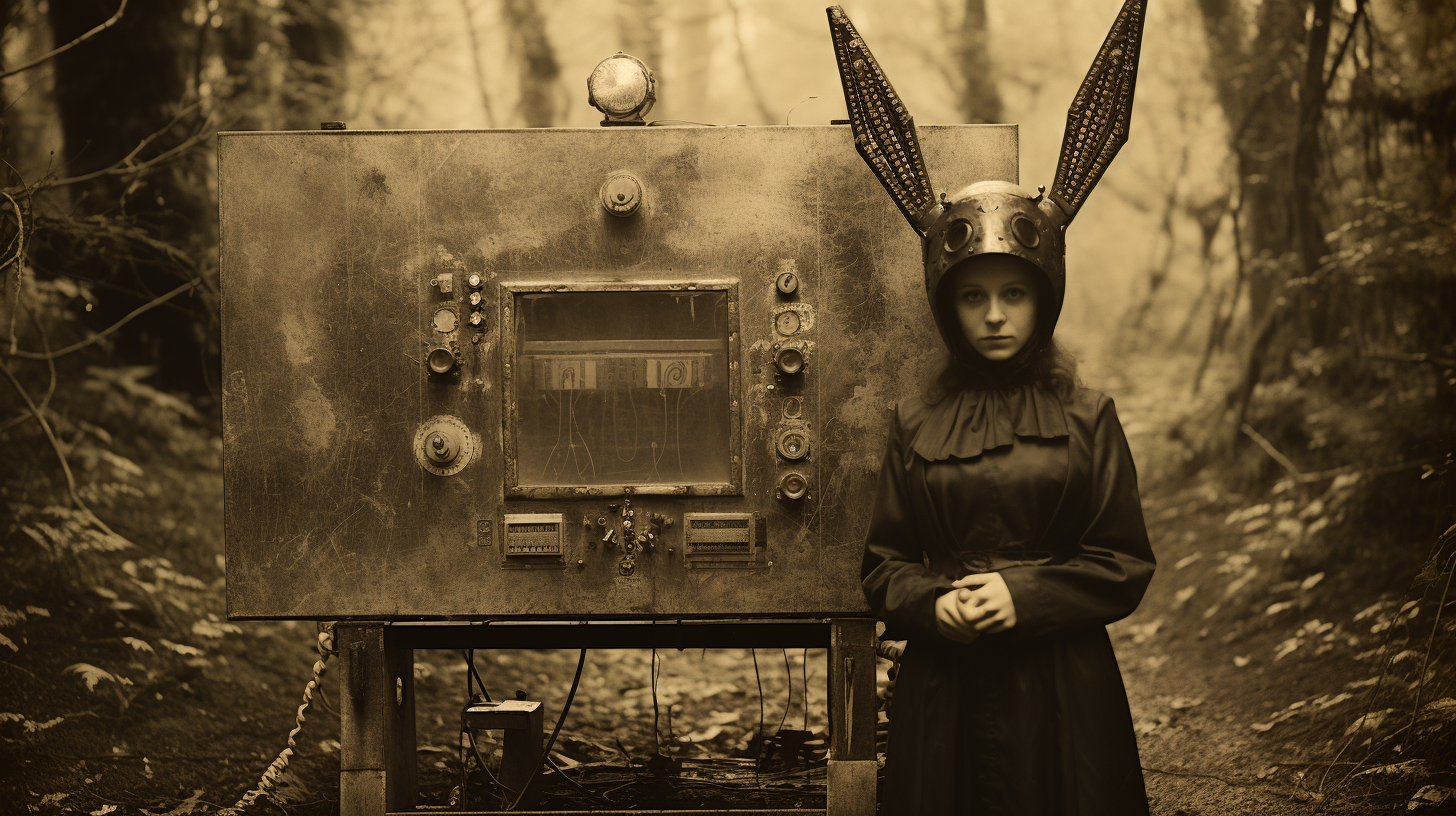 Beautiful Irish woman wearing bunny ears finds time machine