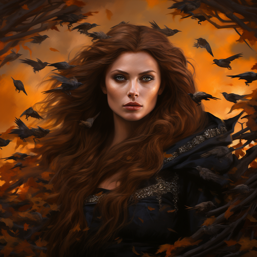 Young Irish goddess with ravens in autumn