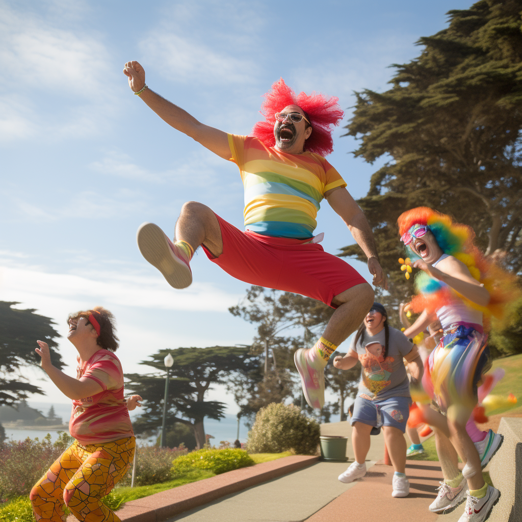 Middle-aged Irish man cartwheeling with SF 49ers jersey