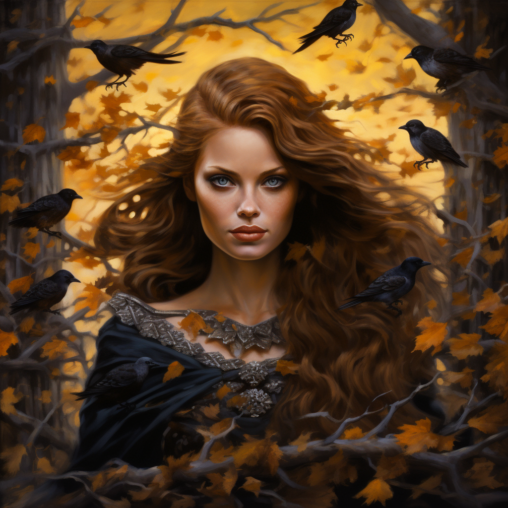 Young Irish goddess with ravens in autumn realm