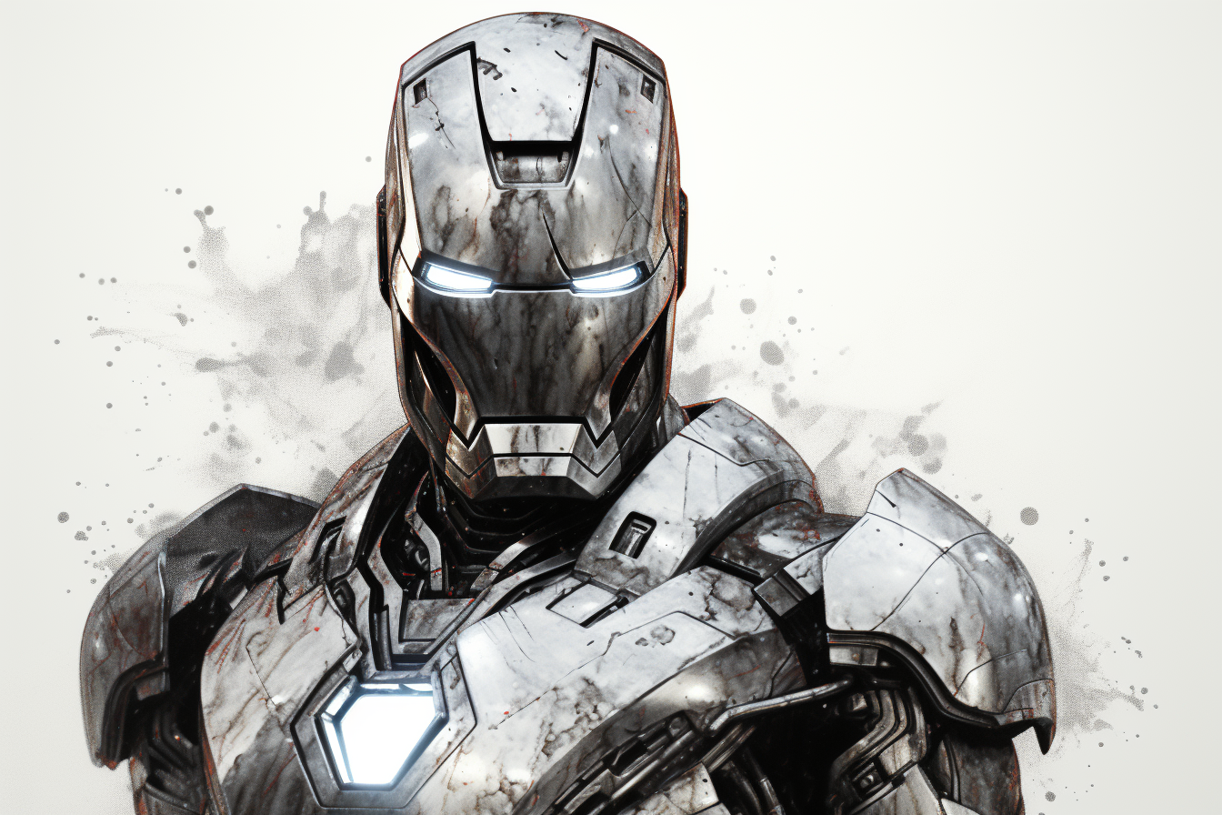 Realistic Iron Man Fine Line Illustration on White Background