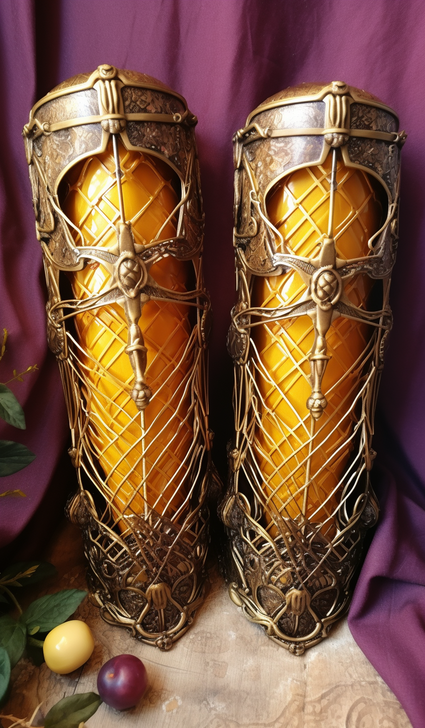 Pair of Iron Shin Guards and Golden Cage