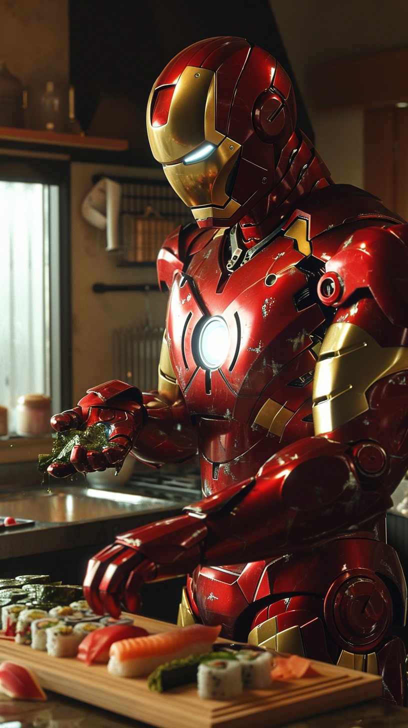 Iron Man slicing fresh fish for sushi