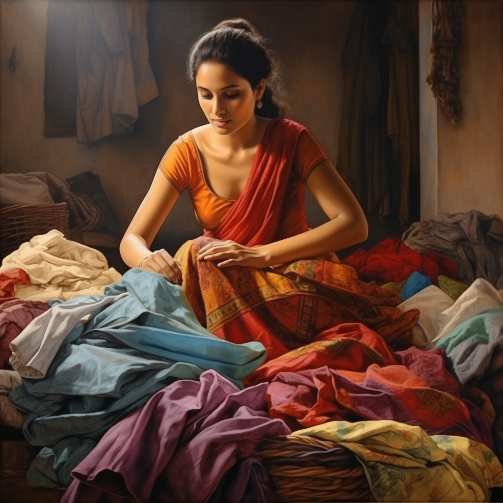 Indian housewife stacking colorful clothes