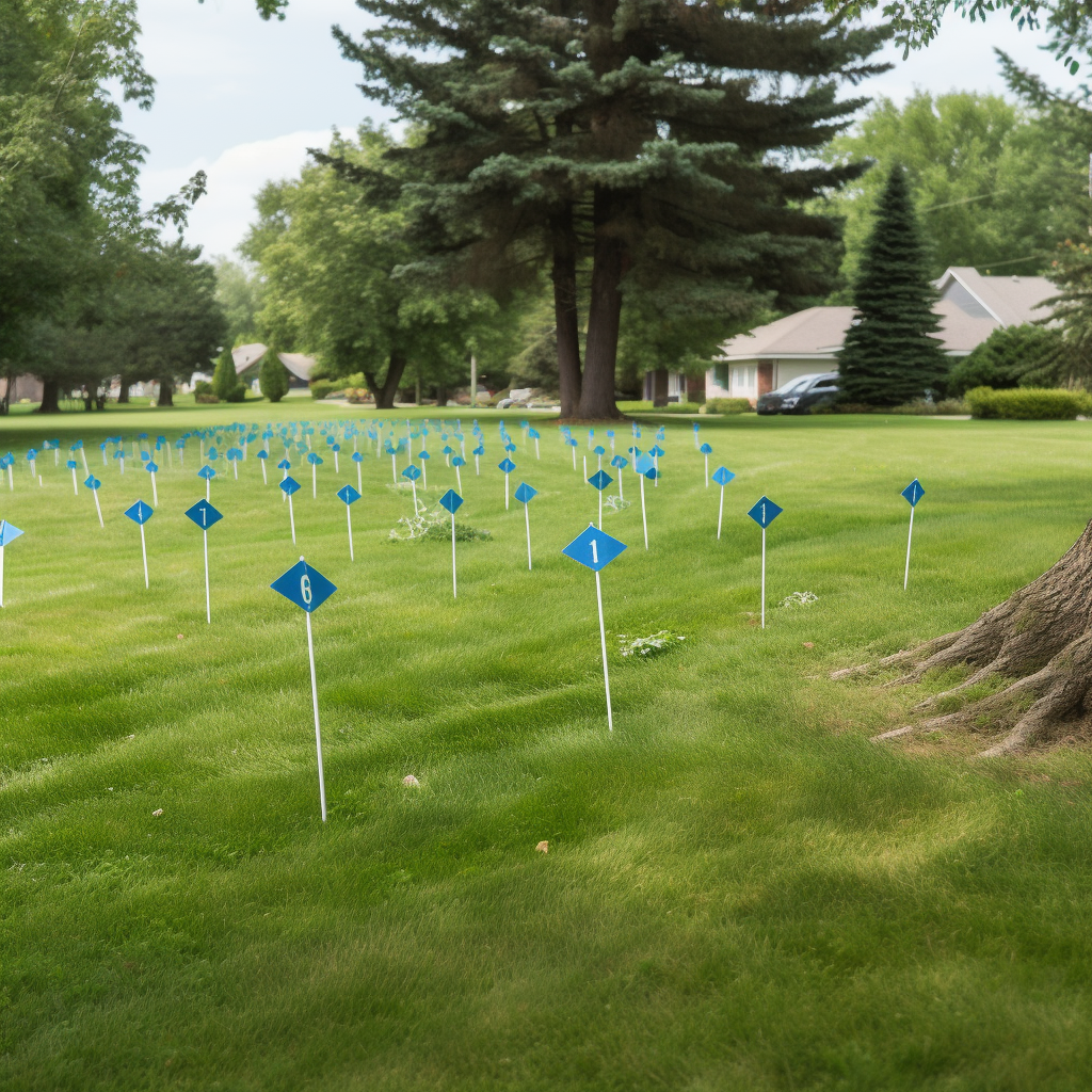 Irrigation flags marking sprinkler heads in a yard