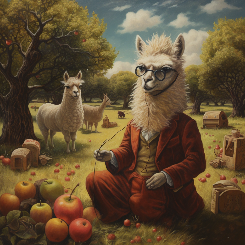 Llama Isaac Newton pondering under apple tree