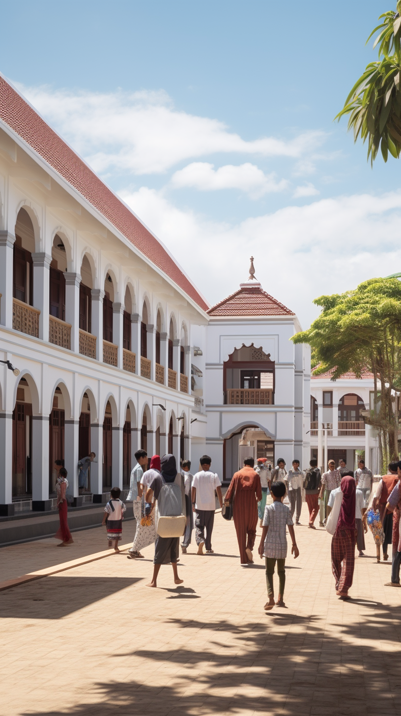 Student gathering in front of Islamic boarding school