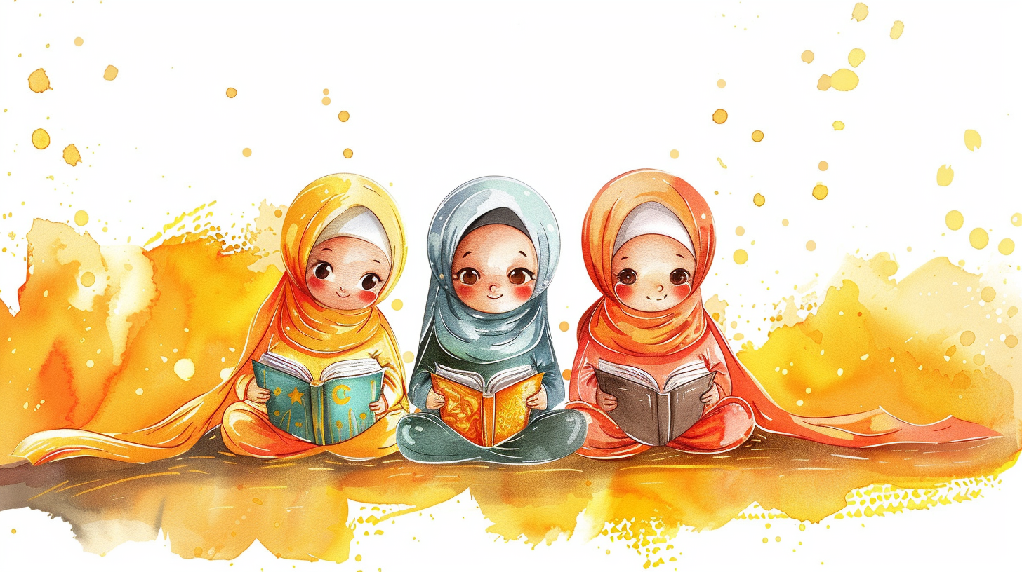 Islamic kids with book cartoon