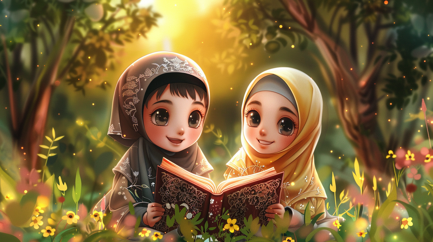 Islamic Kids with Book Cartoon Image