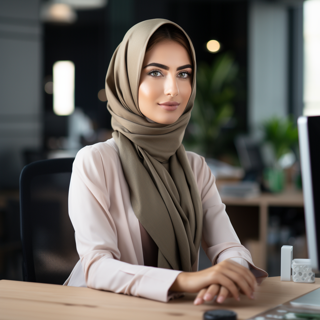 Islamic woman with green eyes at table