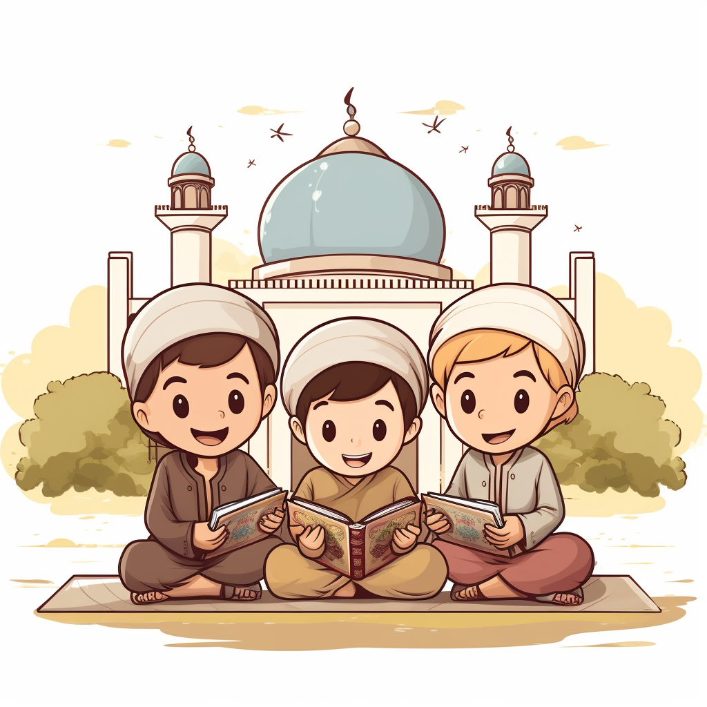 Three Islamic boys reading book outdoors