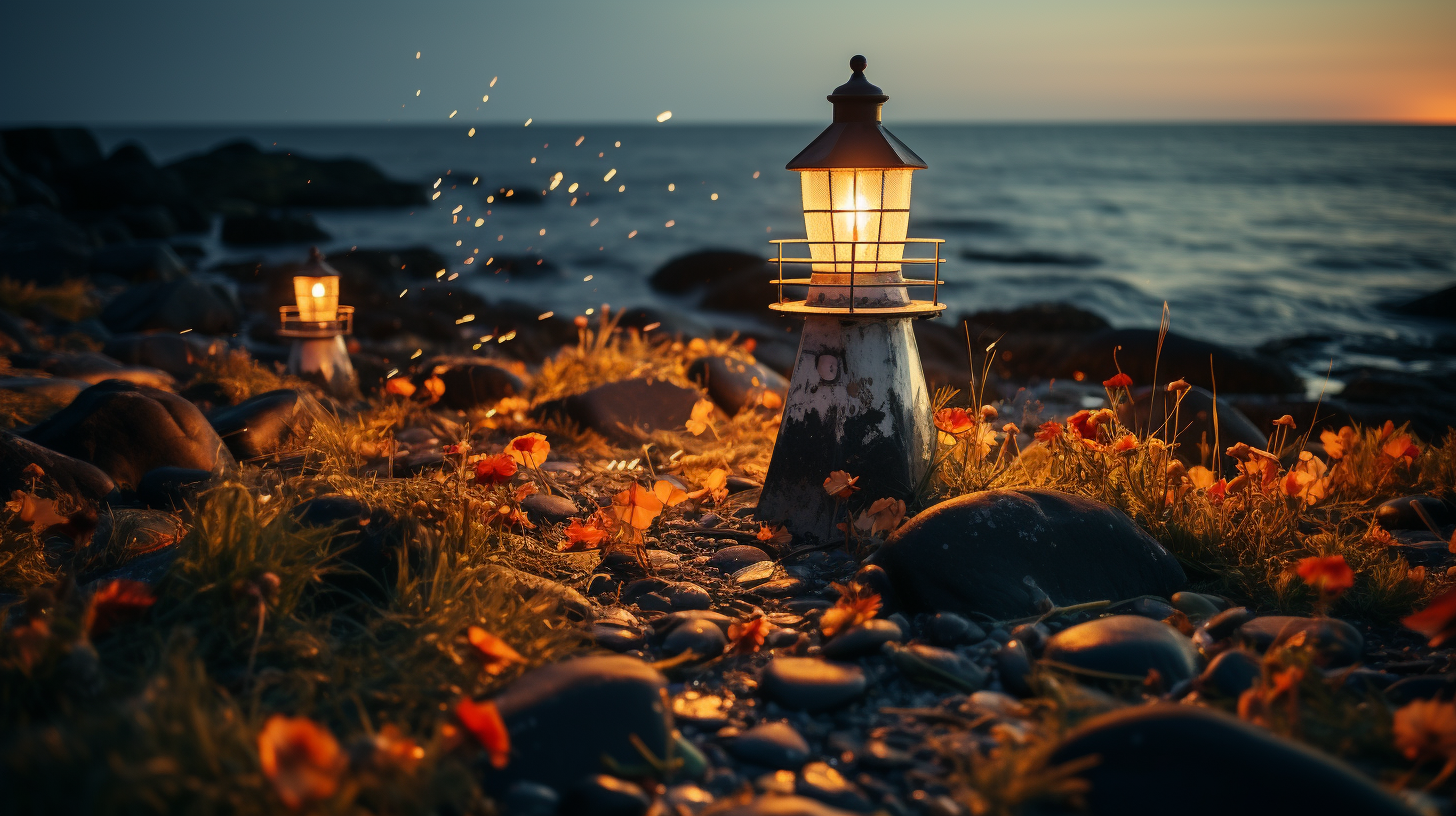 Lighthouse illuminating boats with shimmering lights