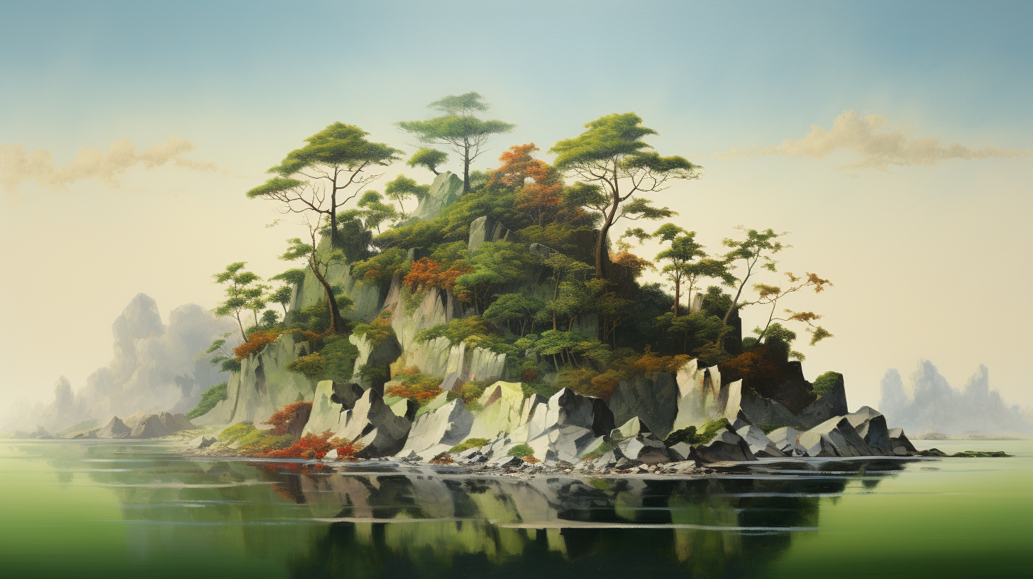 Serene painting of island with trees