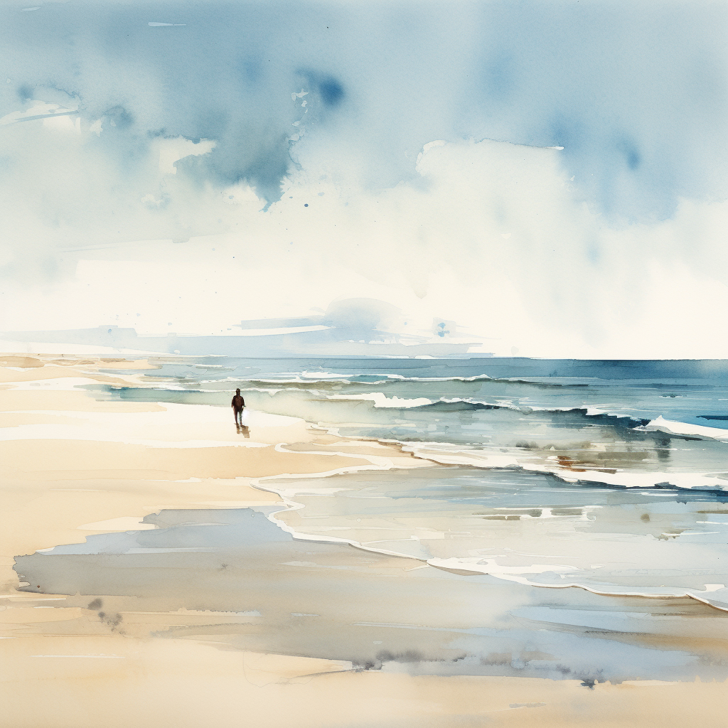 Watercolor illustration of lonely beach figure