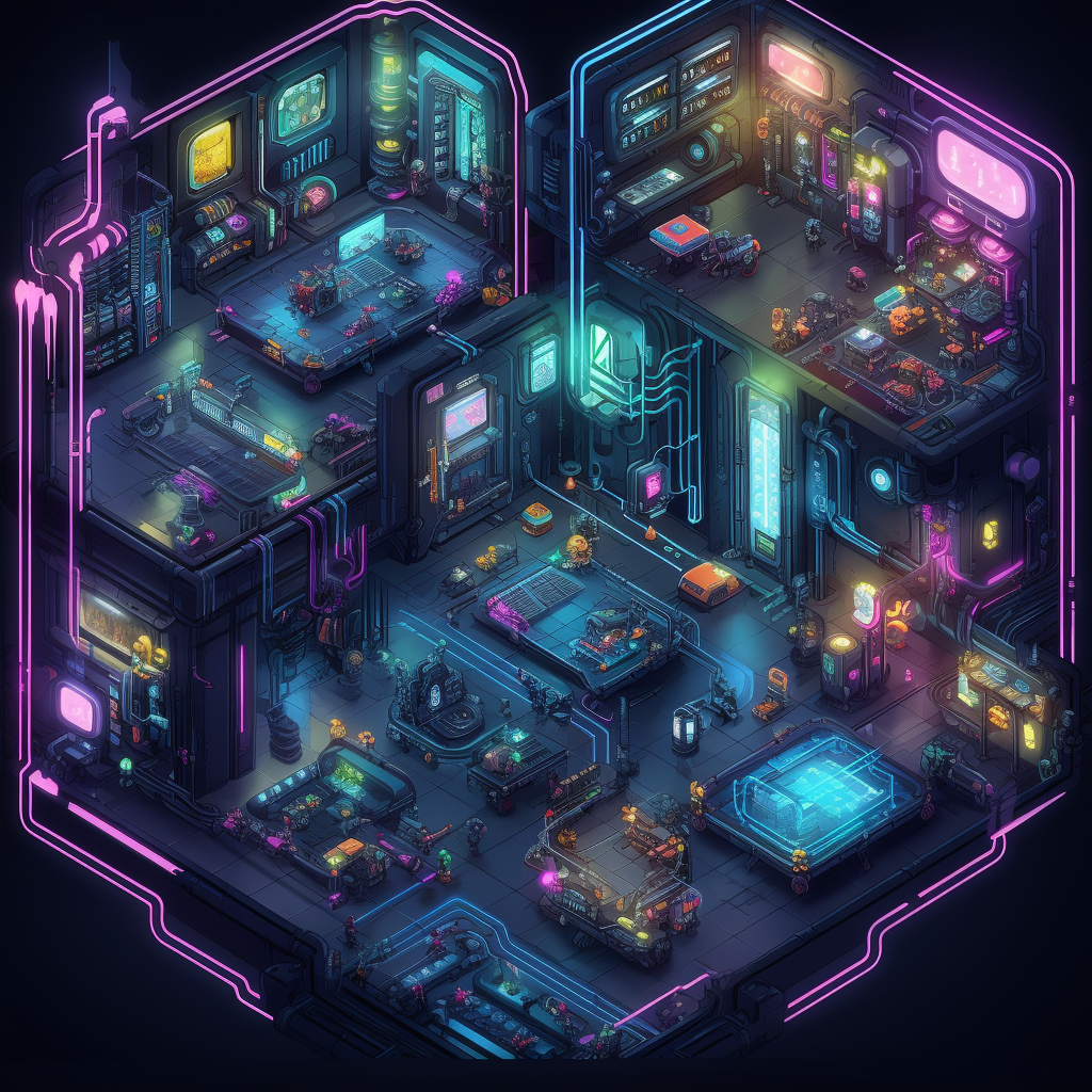 Isometric cyberpunk dystopian game map with neon lights