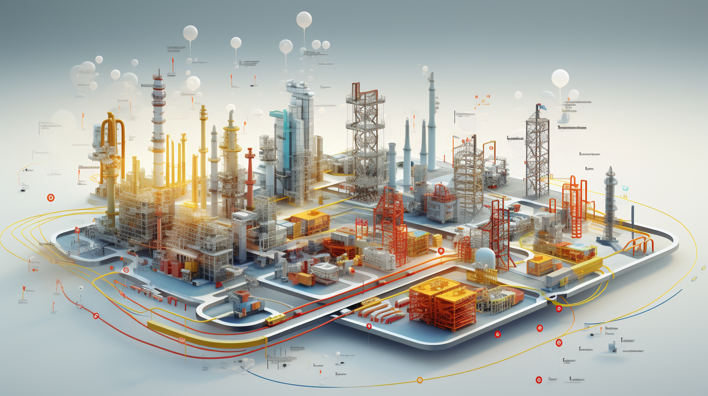 Isometric data visualization of chemical plant and metropolis