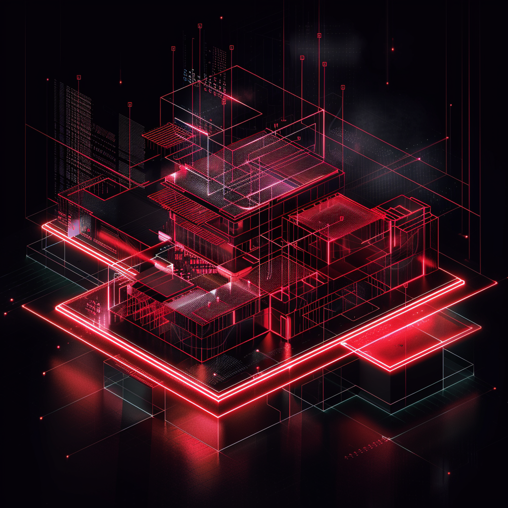 Isometric building schematic dark red white