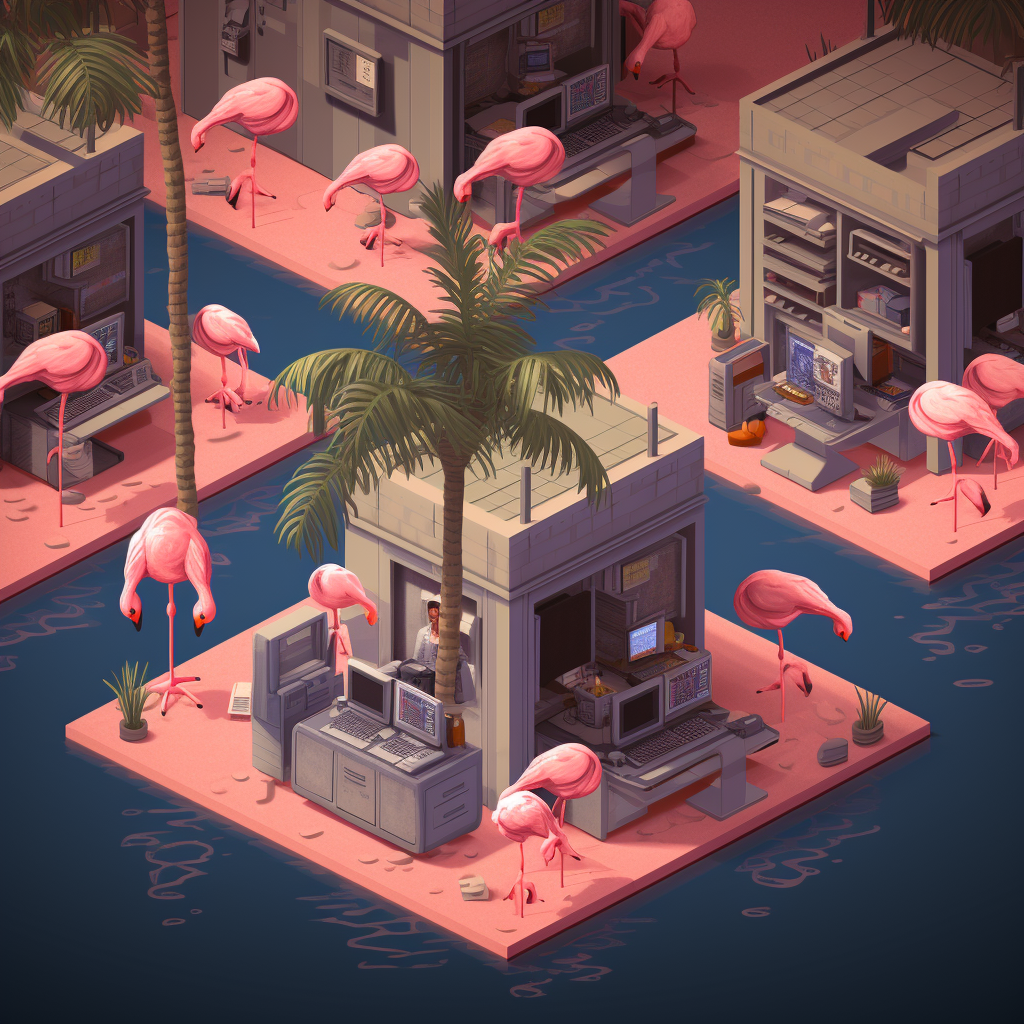 Isometric Flamingos in Office with Palm Trees and Computers