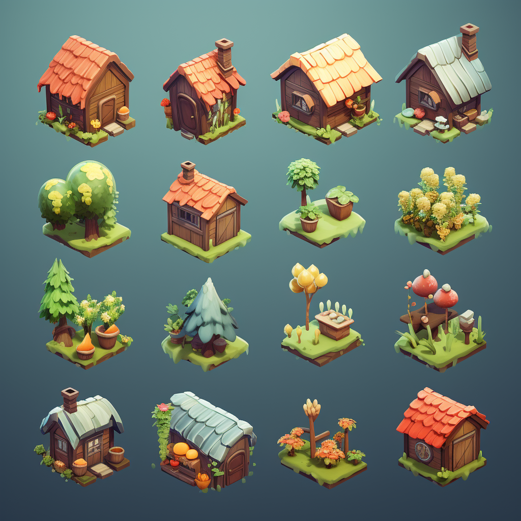 Cute colorful isometric game assets