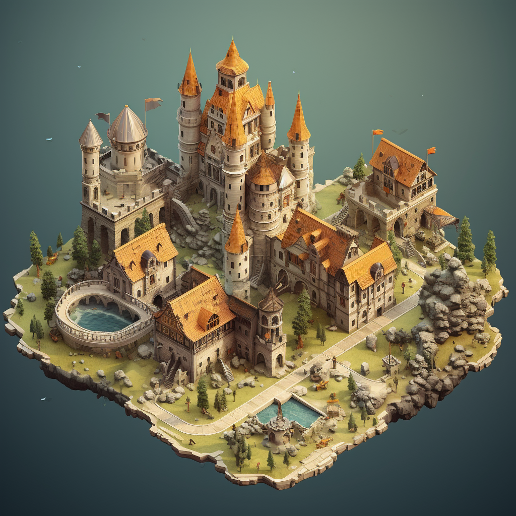 Detailed isometric view of a medieval castle