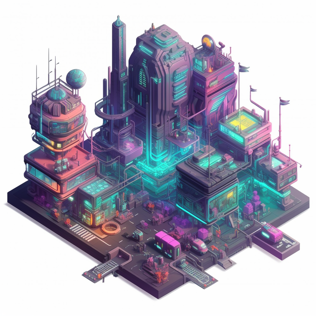 Isometric view of a cyberpunk world