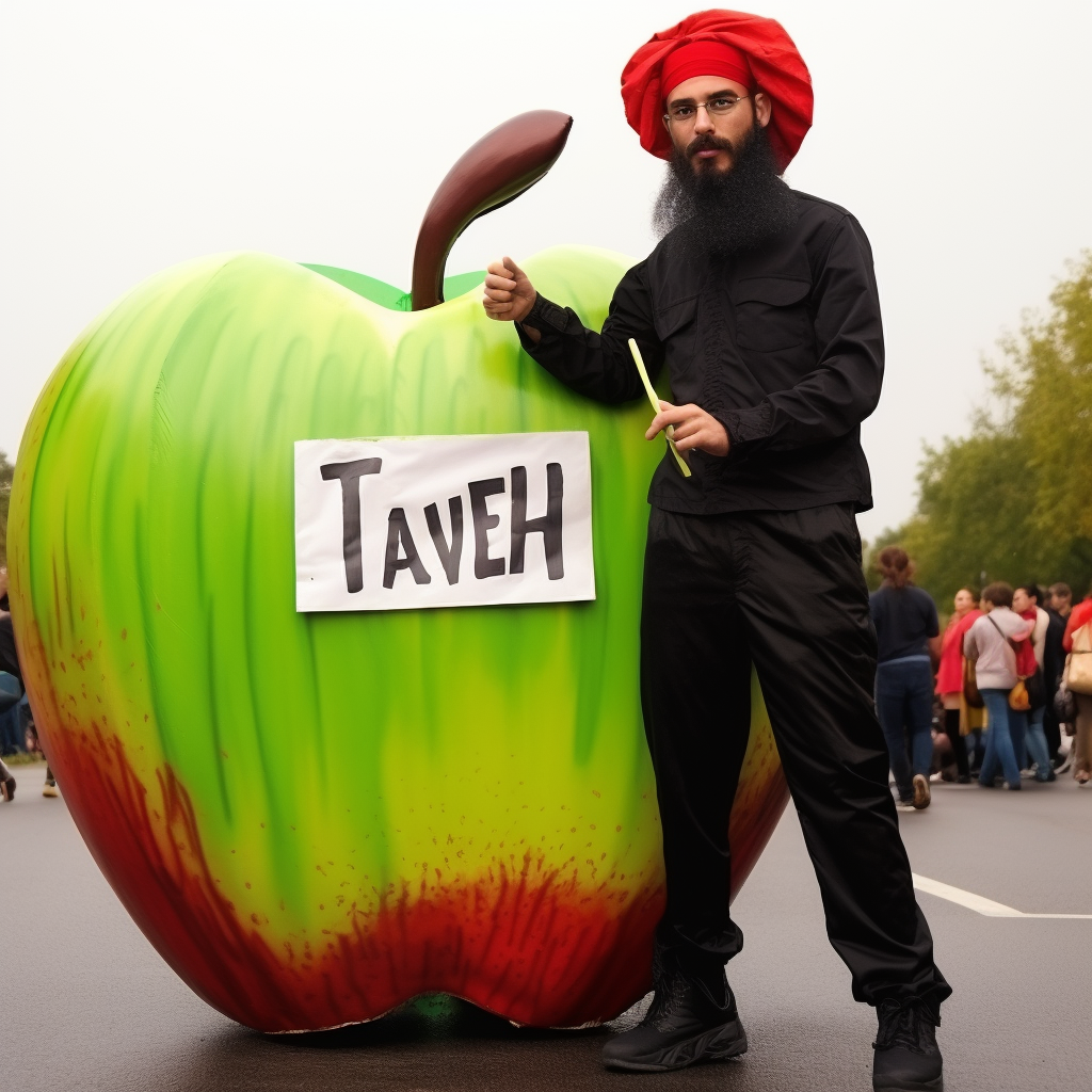 Israeli dressed as an apple with a sign