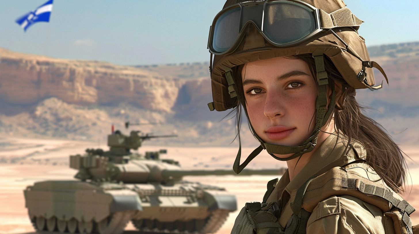 Israeli female soldier with Merkava tanks in desert