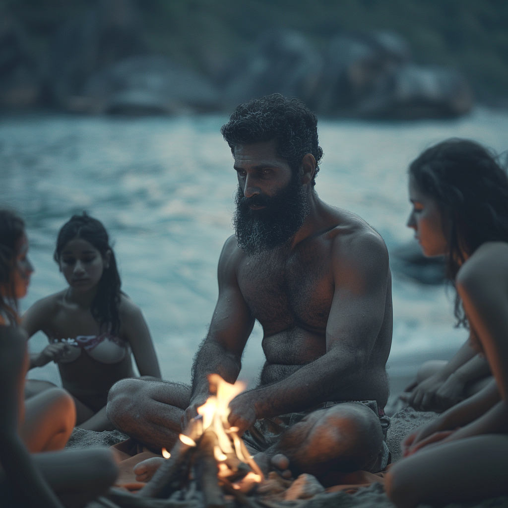 Bearded Israeli men beach campfire