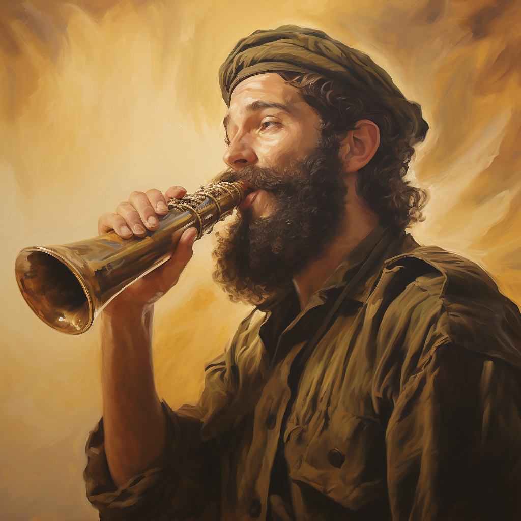 Israeli soldier blowing Jewish shofar in traditional attire