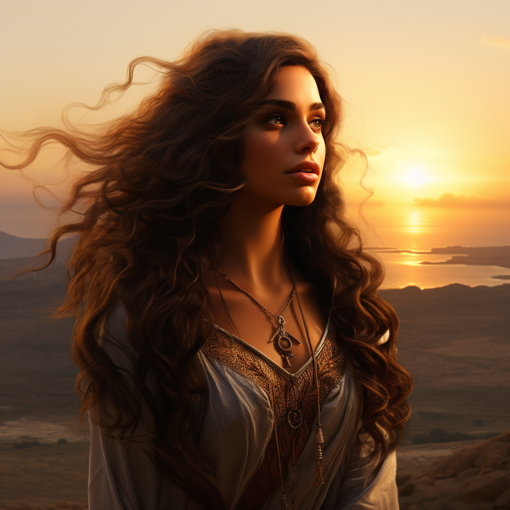 Israeli woman at sunrise with flowing hair