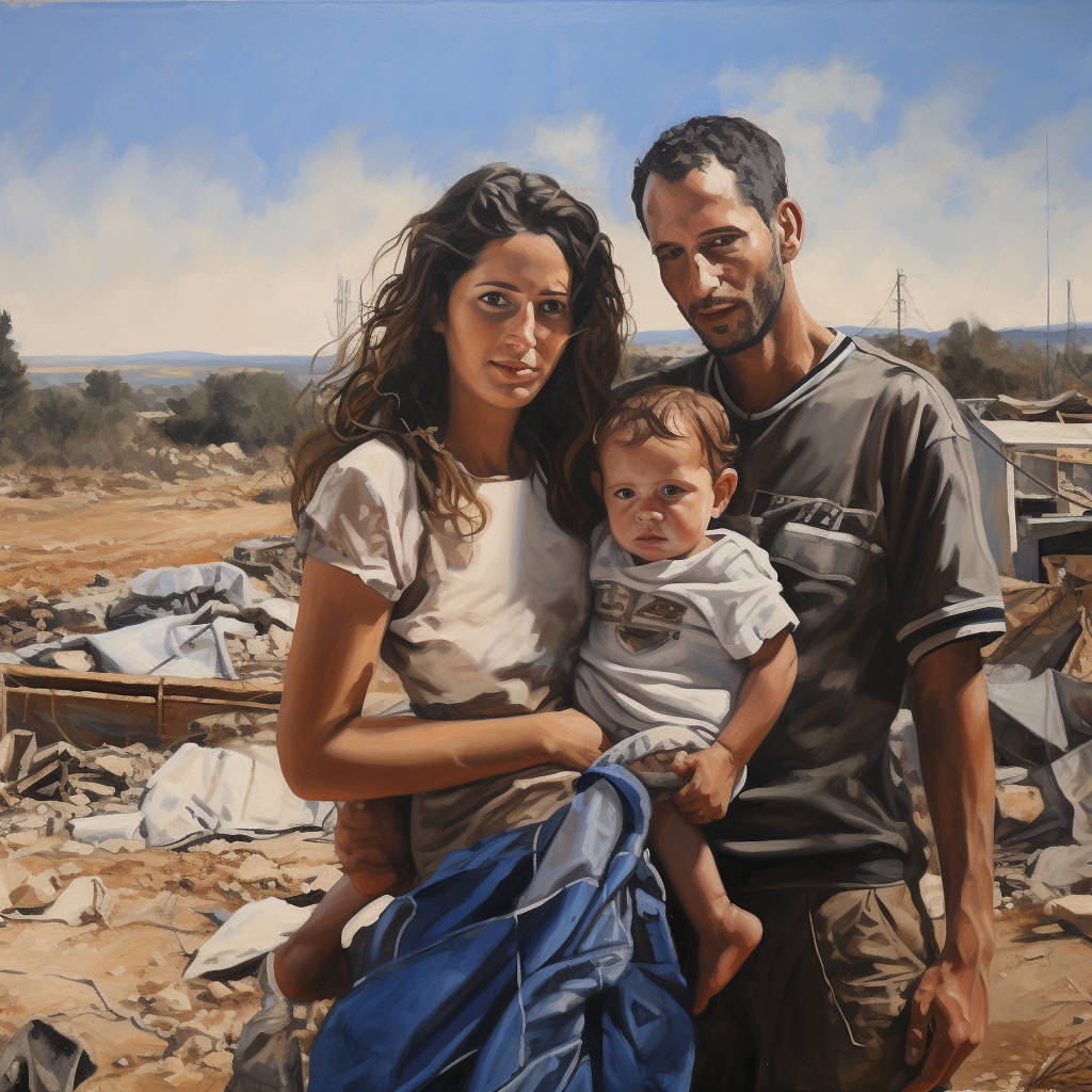 Israeli family with crying child and destroyed kibbutz