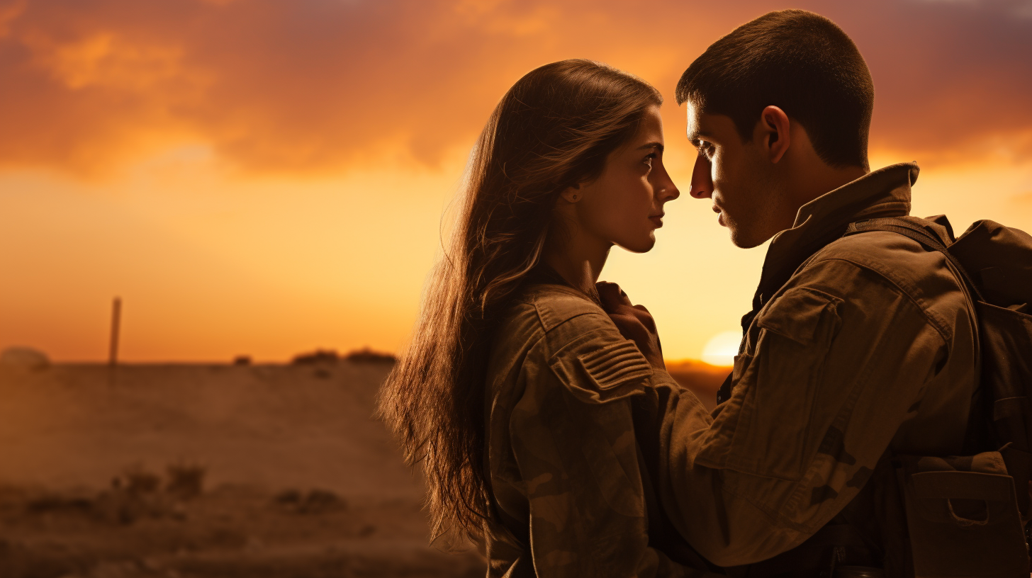 Two Israeli soldiers in combat at sunset