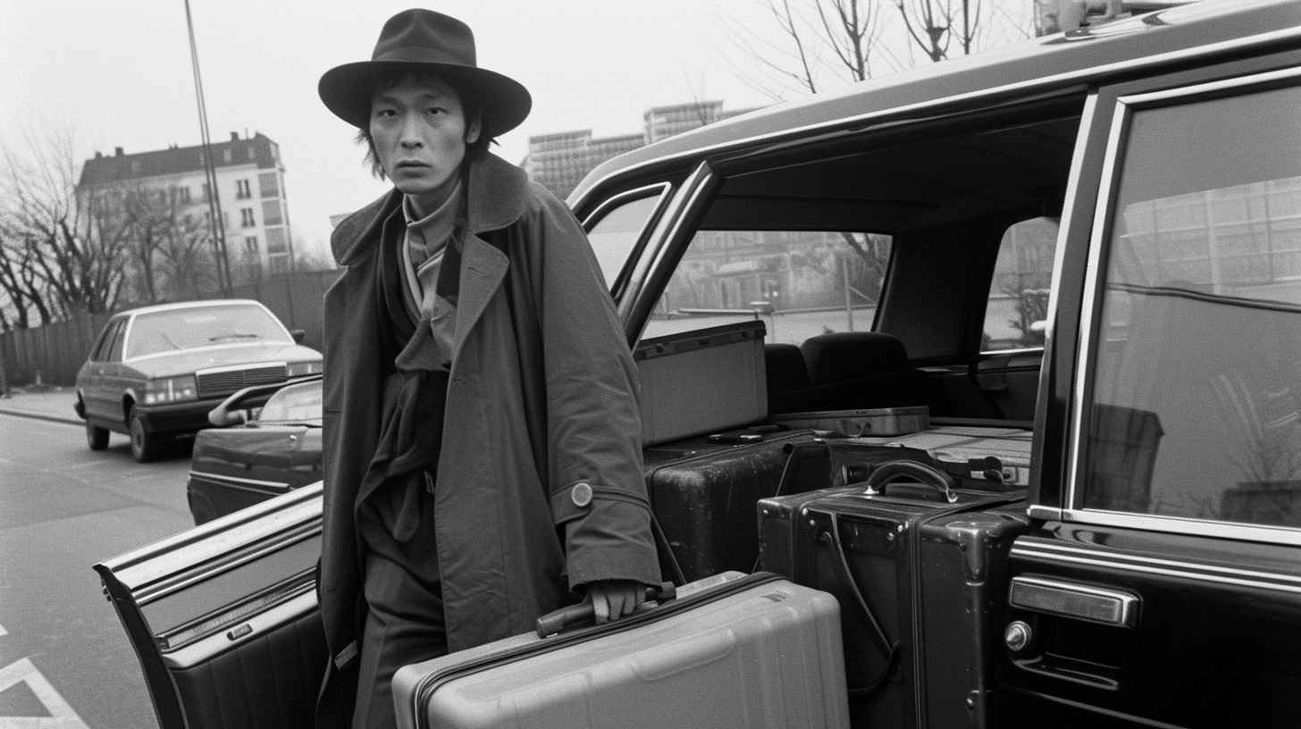 Issei Sagawa getting out of taxi with suitcases