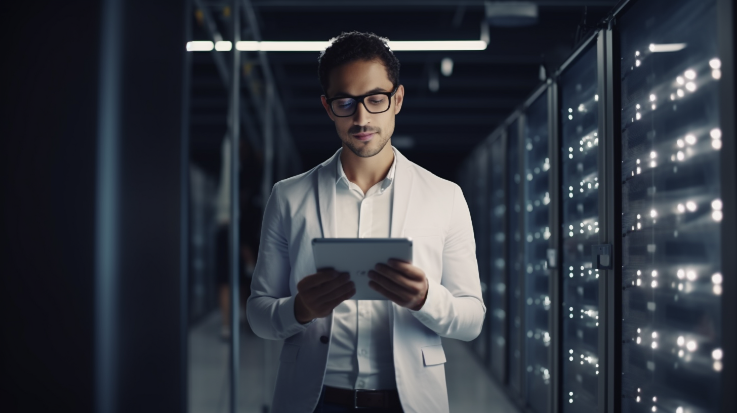 IT Specialist using tablet in data center