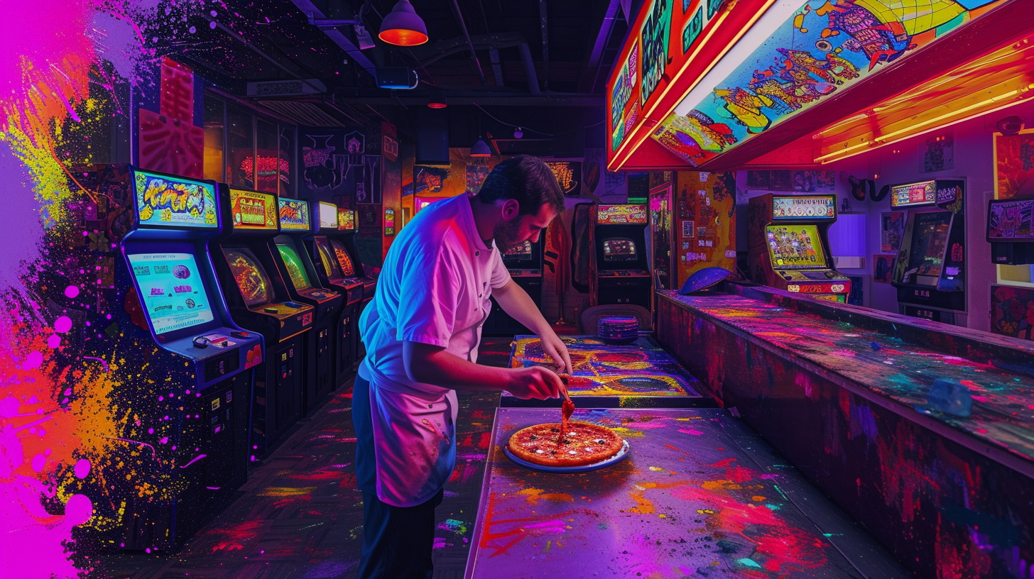 Italian chef making pizza in psychedelic arcade