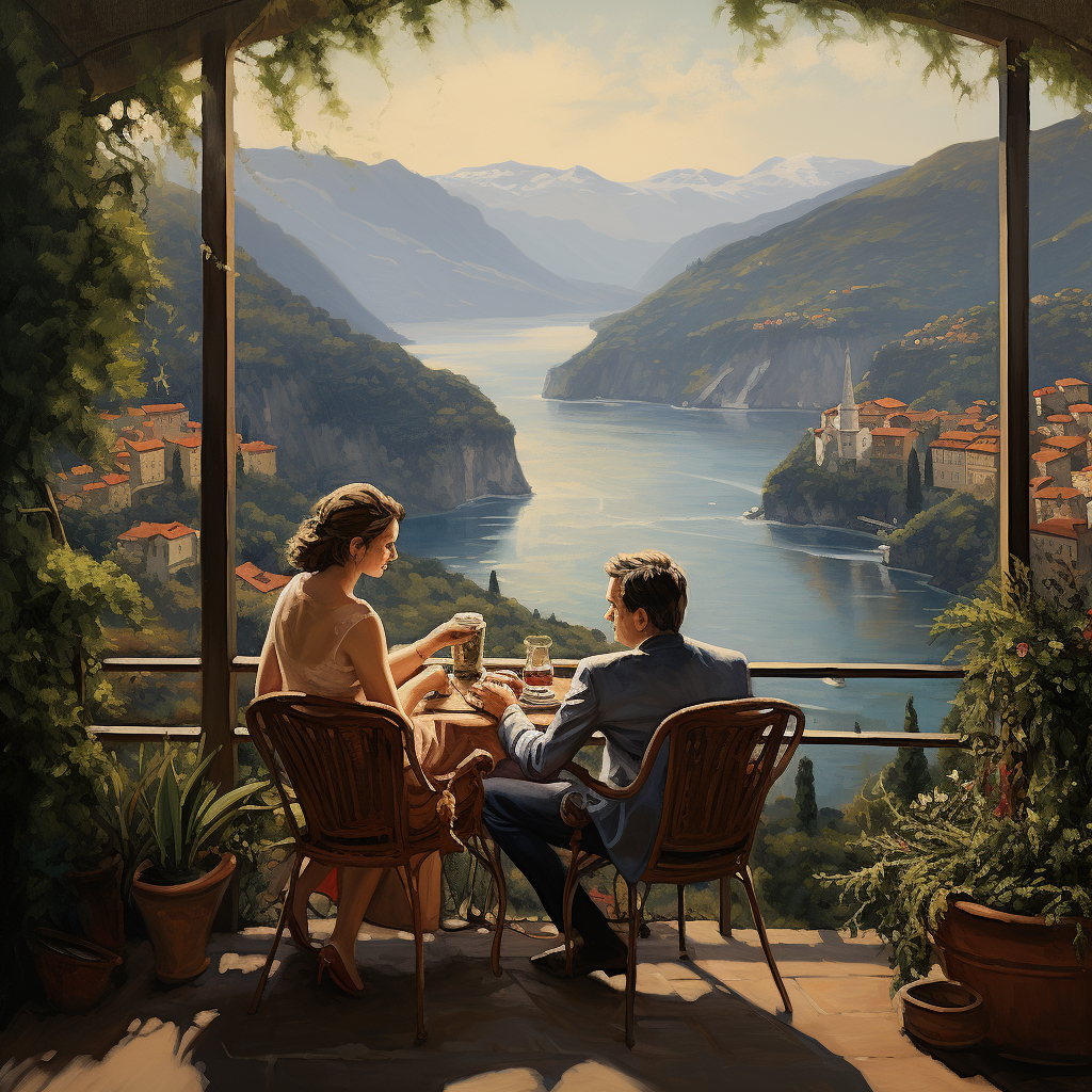 Beautiful Italian couple savoring coffee on terrace