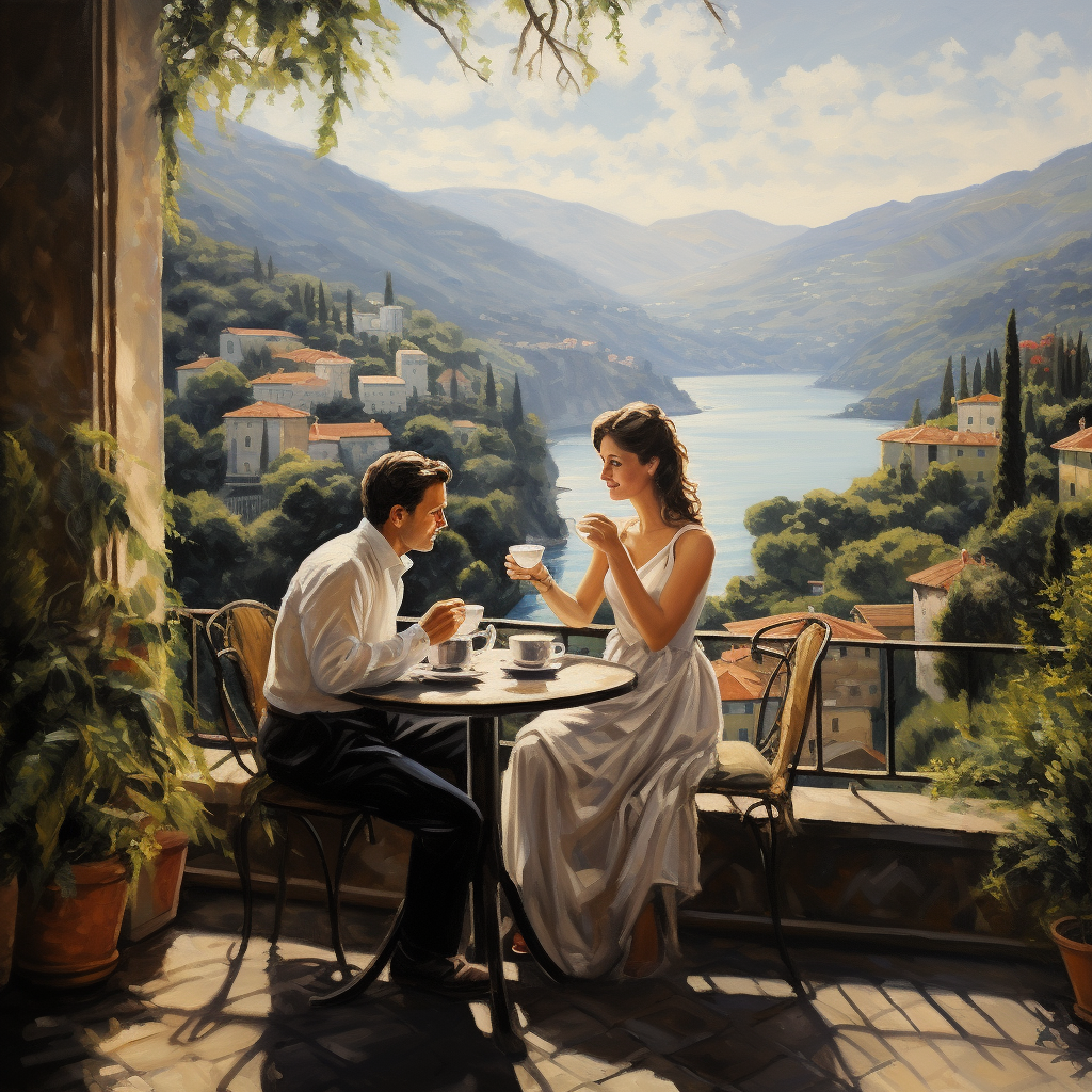 Italian couple savoring coffee on terrace