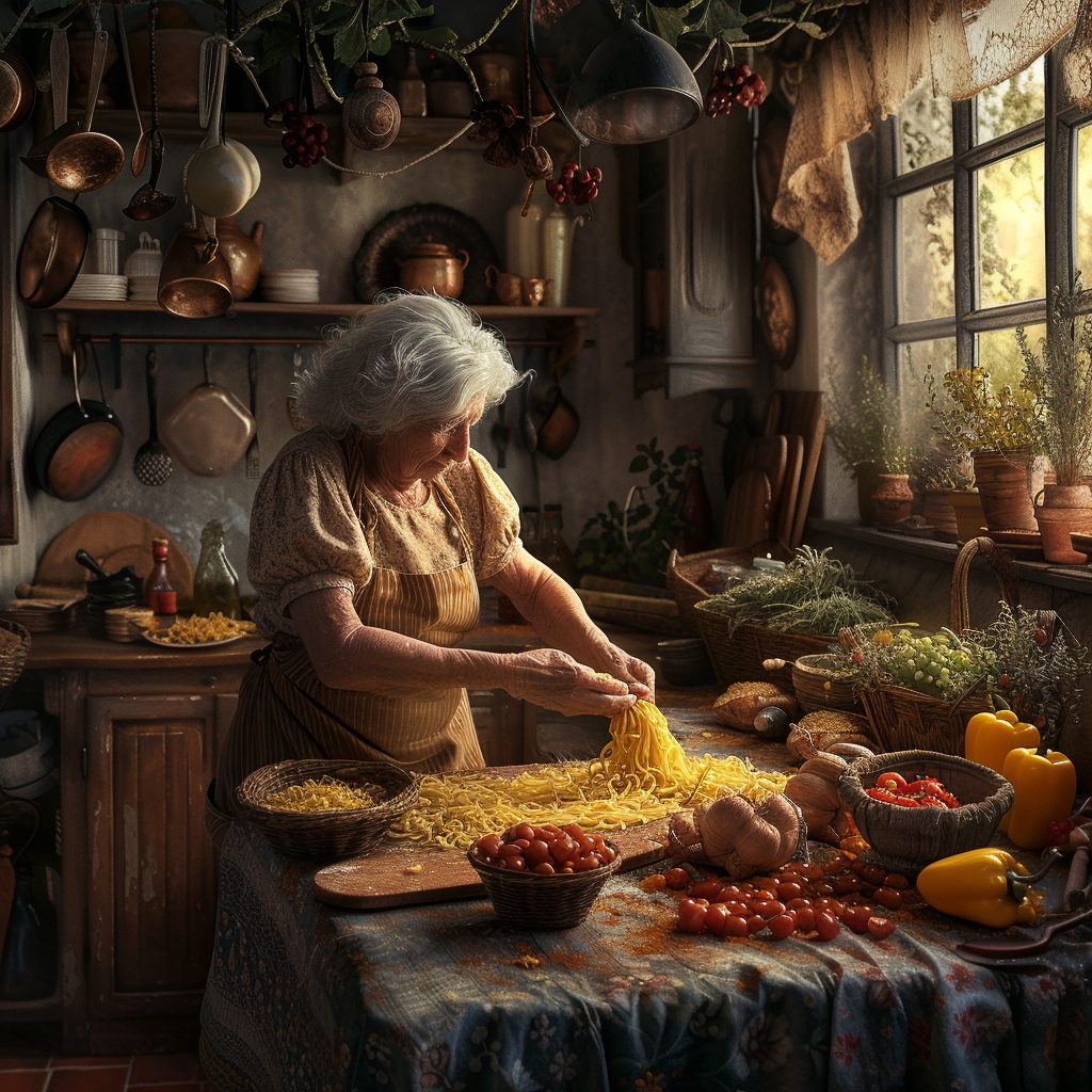 Italian grandmother making pasta rustic kitchen