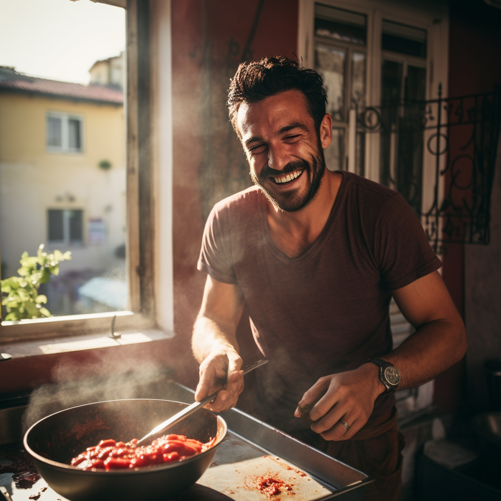 Italian guy cooking ragù with a smile