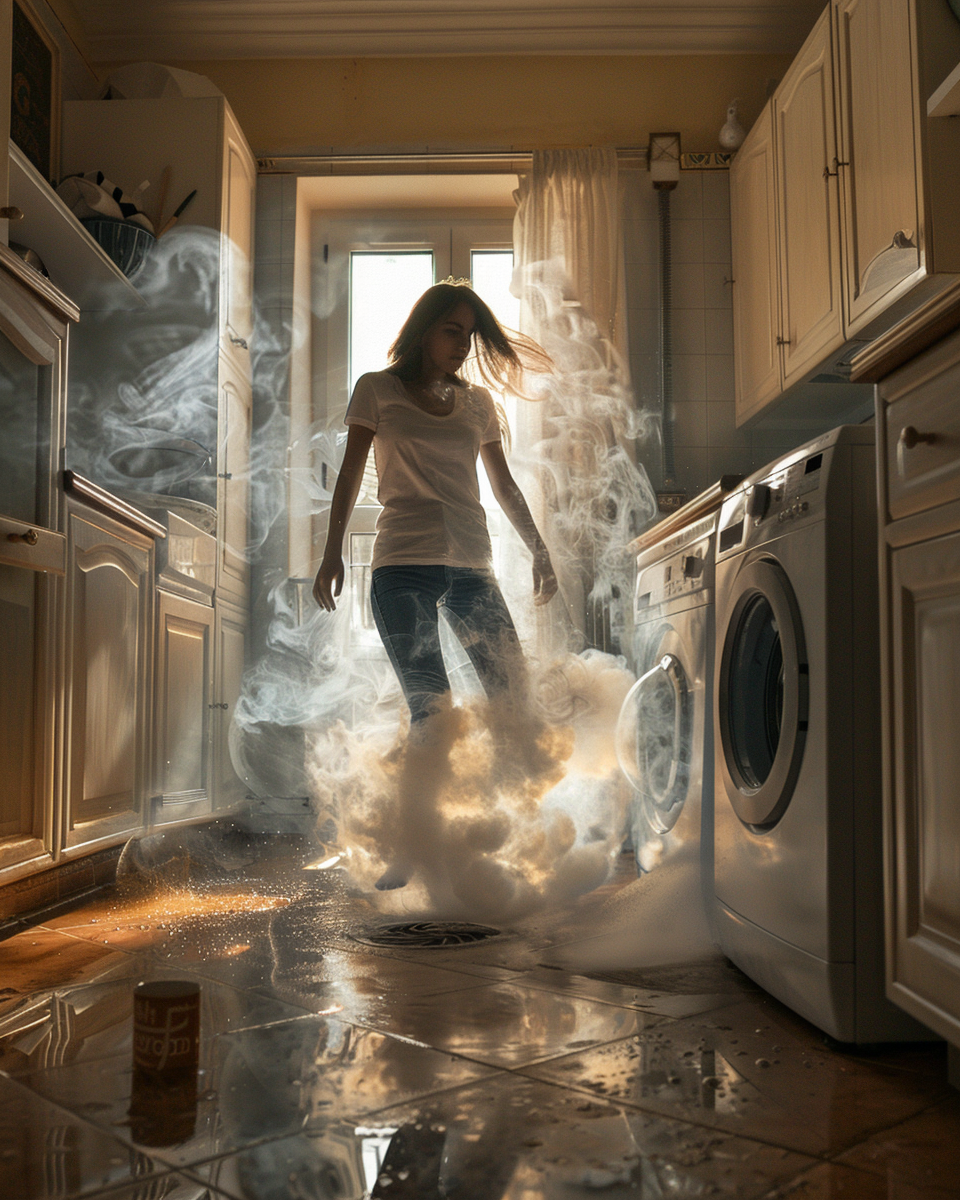 Woman chased by washing machine in kitchen