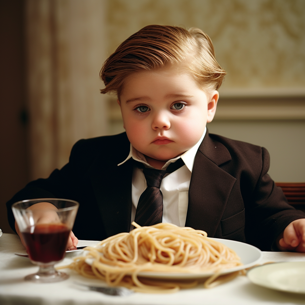 Adorable baby boy enjoying spaghetti