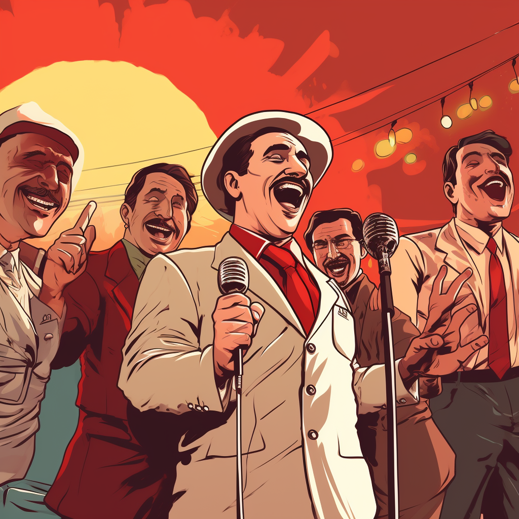 Comic-style drawing of Italian mafia at karaoke party