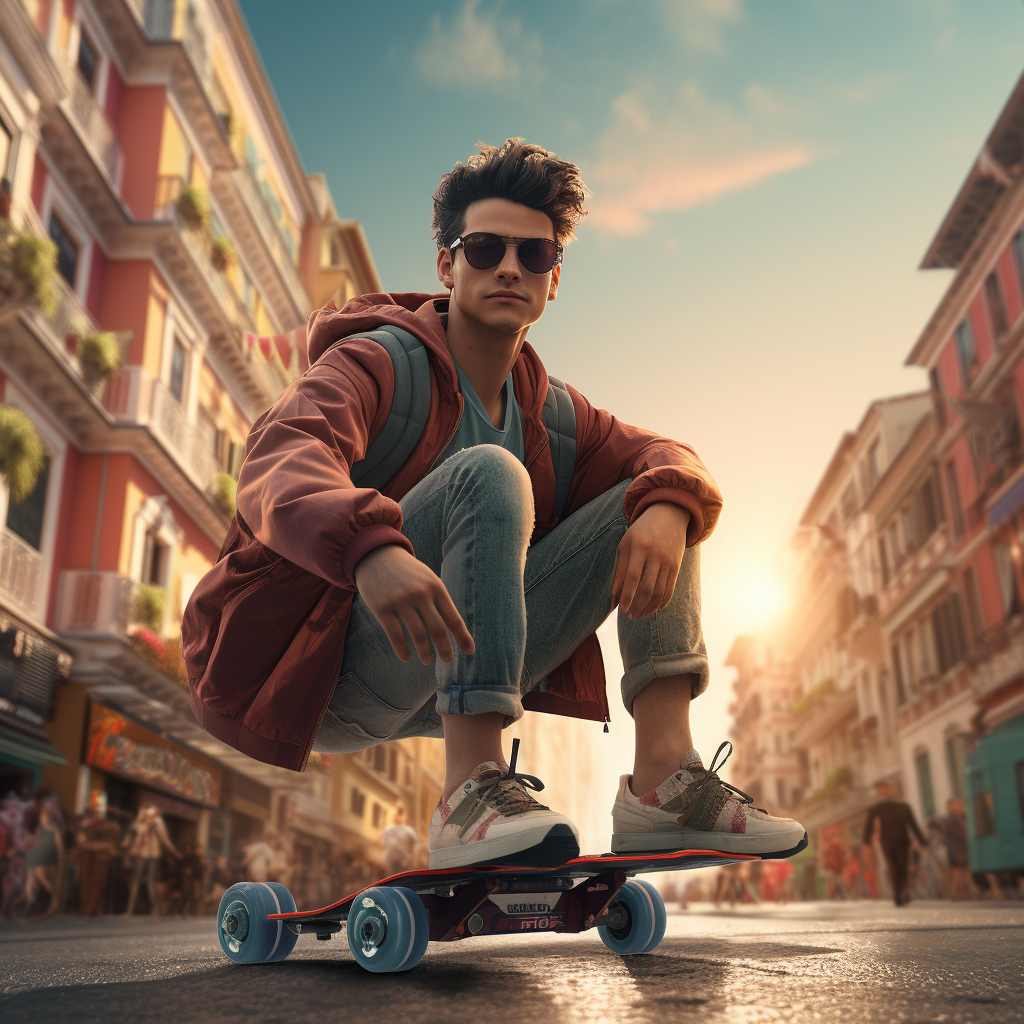 Young Italian man in dystopian city with skateboarders