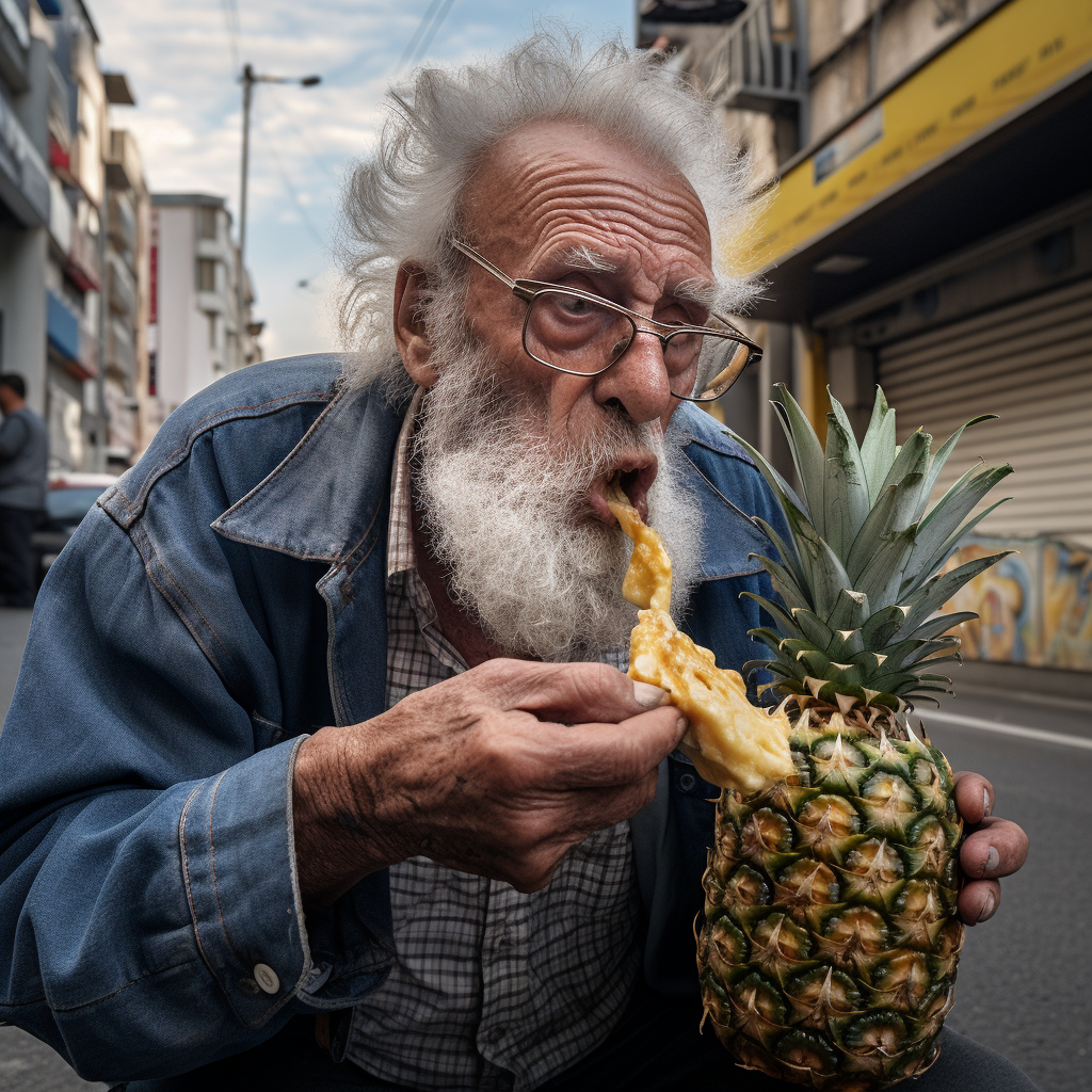 Italian man enjoying pineapple pizza in Napoli